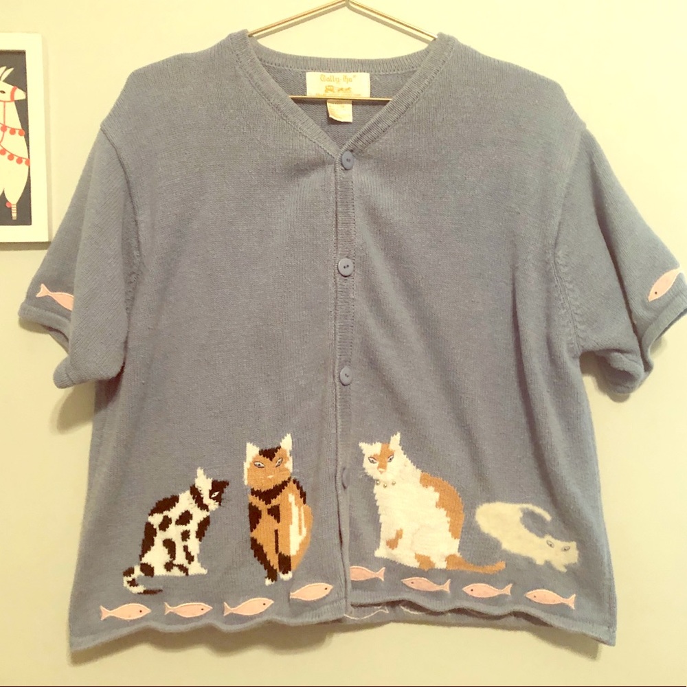 Vintage Tally Ho cat lady short sleeve cardigan